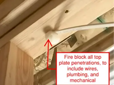 Fire block all top plate penetrations, to include wires, plumbing, and mechanical